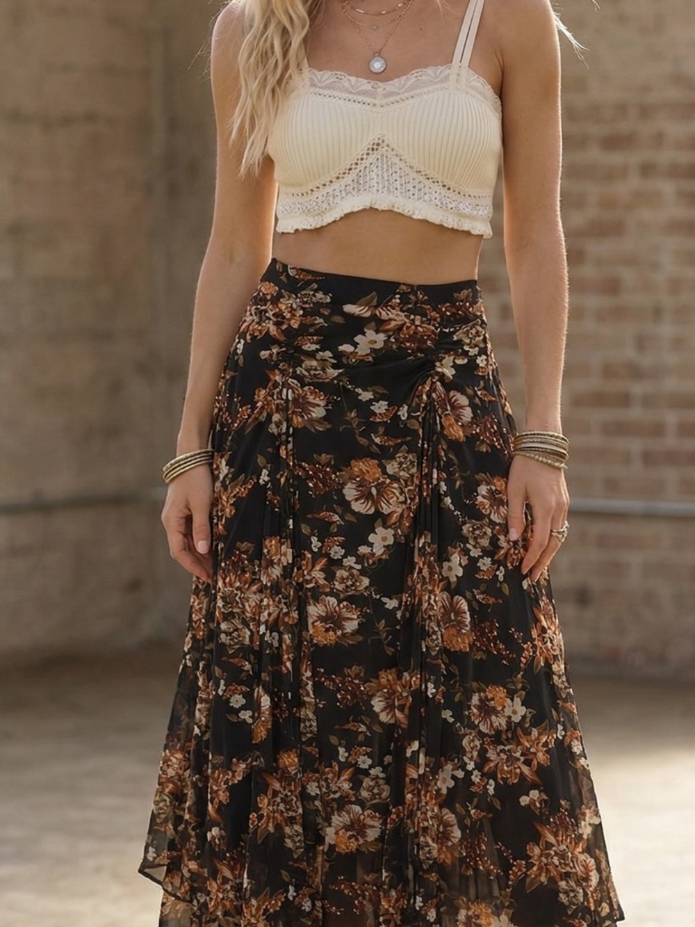 Promesa Cinched Asymmetrical Floral Print Gypsy Boho Maxi Skirt - Picture 3 of 7